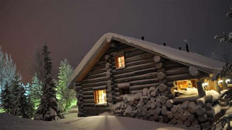 Snowy Log Cabin At Night Wallpaper Backiee