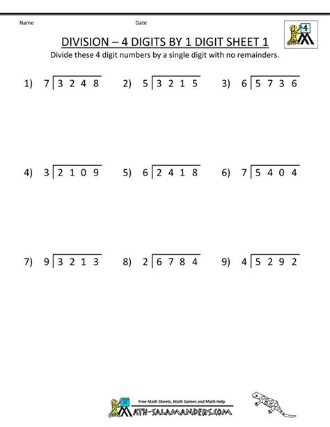 In math, long division is a method used for dividing large numbers into groups or parts. long division worksheets 4 digits by 1 digit 1 | Long ...