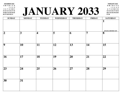January 2033 Calendar Of The Month Free Printable January Calendar Of The Year Agenda