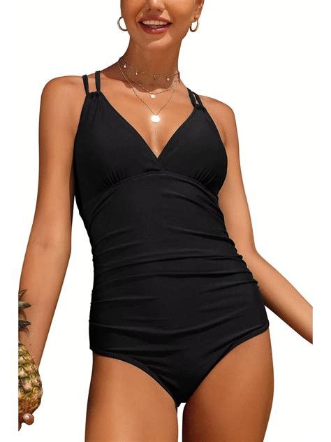 Alove Sexy V Neck Ruched One Piece Swimwear For Women Double Straps