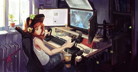 Anime Girl Computer Gamer Girl Wearing White Tank Top Illustration