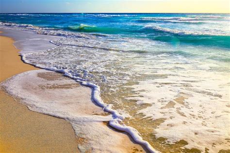 Idyllic And Deserted Beach At Sunset In Cancun Mexican Caribbean Stock
