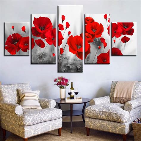 Romantic Red Poppy Flowers Painting Framed 5 Piece Canvas Wall Art
