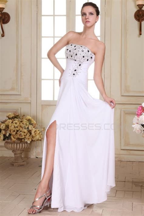 A Line Long White Strapless Beaded Chiffon Prom Evening Formal Party