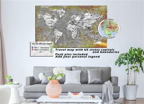 push pin world map on canvas for wall decor travel map wall etsy world map wall art map