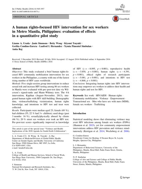 Pdf A Human Rights Focused Hiv Intervention For Sex Workers In Metro Manila Philippines