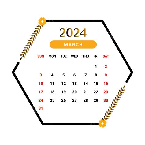 Kalender Bulan Maret 2024 Dengan Desain Bunga Hitam Dan Kuning Vektor