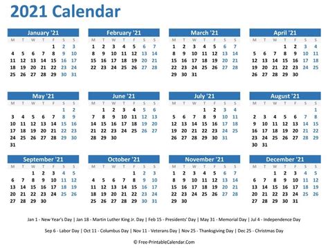 2021 Yearly Calendar Printable Horizontal Printable Calendar Design