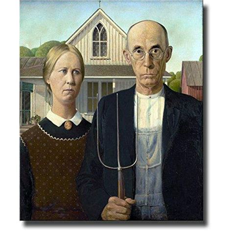 American Gothic Farmer Painting By Grant Picture On Stretched Canvas