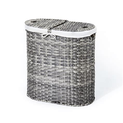 Seville Classics Handwoven Oval Double Laundry Hamper With Liner Light