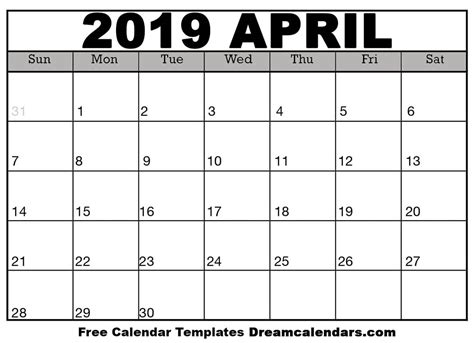 April 2019 Calendar Free Printable With Holidays And Observances