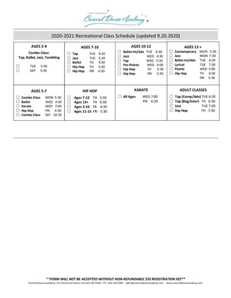 2020 2021 School Year Recreational Class Schedule Updated Concord