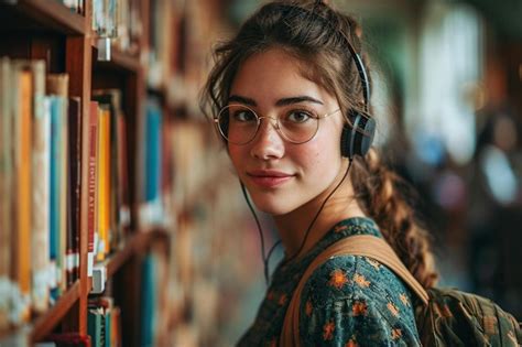Premium Ai Image A Woman Wearing Headphones In Front Of A Bookshelf