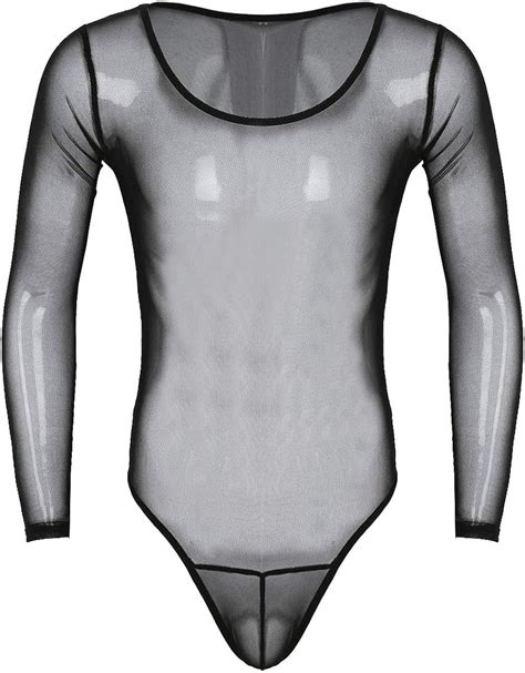 iiniim mens soft mesh sheer see through long sleeve one piece leotard thongs bodycon bodysuit