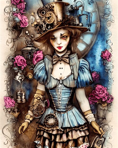 Intricate Detailed Steam Punk Alice In Wonderland Watercolor Painting