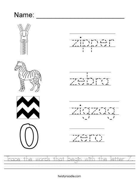 Trace The Words That Begin With The Letter Z Worksheet Preschool