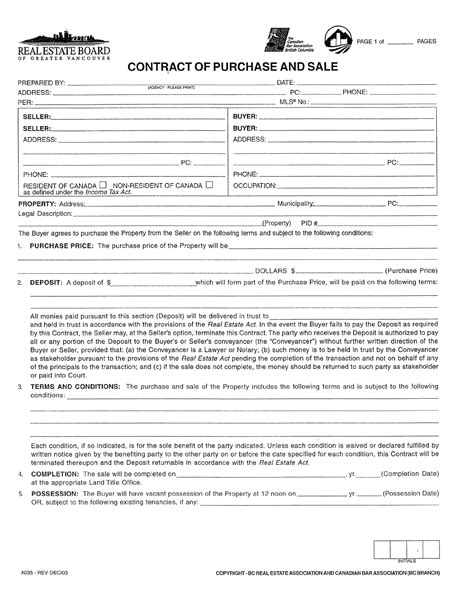 Free British Columbia Contract Of Purchase And Sale Form Pdf 385kb