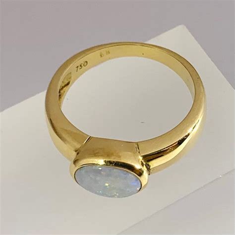 Opal 18kt Gold Ring In Modern Oval Bezel Setting Etsy