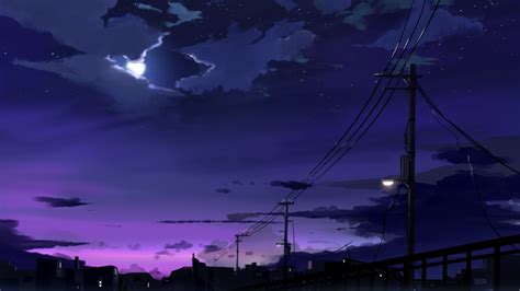 Night Digital Art Anime Sky Moon Urban Dark Power Lines Hd Wallpaper