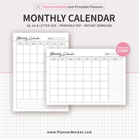 Undated Monthly Calendar Monthly Planner Planner Inserts A5 A4