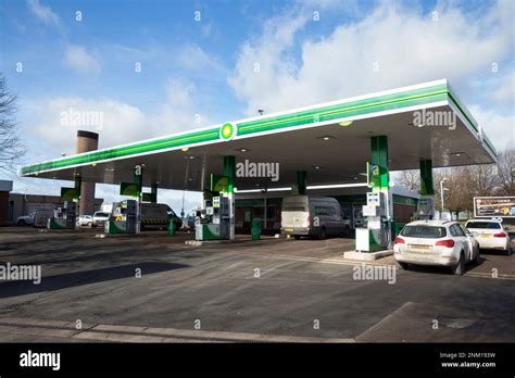 Bp British Petroleum Fuel Petrol Station Forecourt With Pumps At