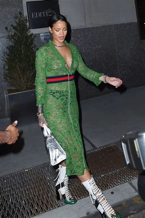 Rihanna Flashes Her Nipples In Sheer Lace Green Dress As She Enjoys Night Out In New York
