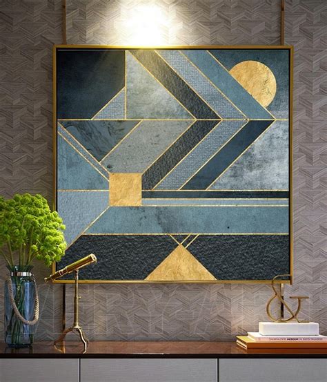 Nordic Geometric Abstract Canvas Painting Blue Color Gold