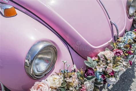 Pink Volkswagen Beetle Car Decorated With Flowers Stock Photo Image