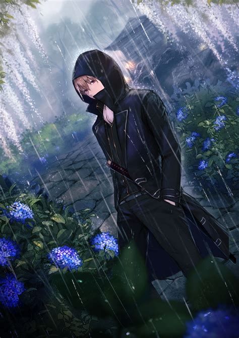 Okita Sougo Solo Rain Handinpockets Hydrangea Samurai Anime Cute