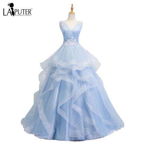 Light Blue Tulle Ball Gown Sexy V Neck Evening Dresses Court Train Lace