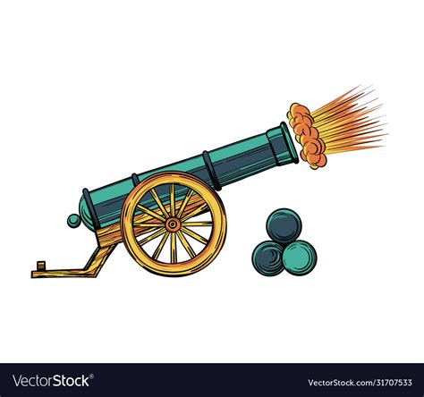 an ancient cannon with gun cores gunshot cartoon vector image
