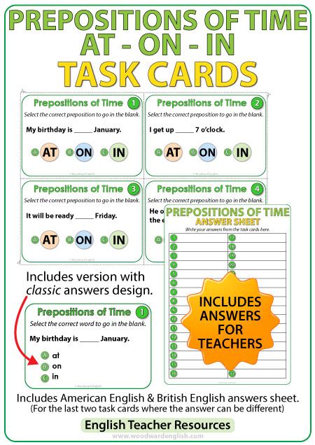 Prepositions Of Time At On In Task Cards Woodward Eng