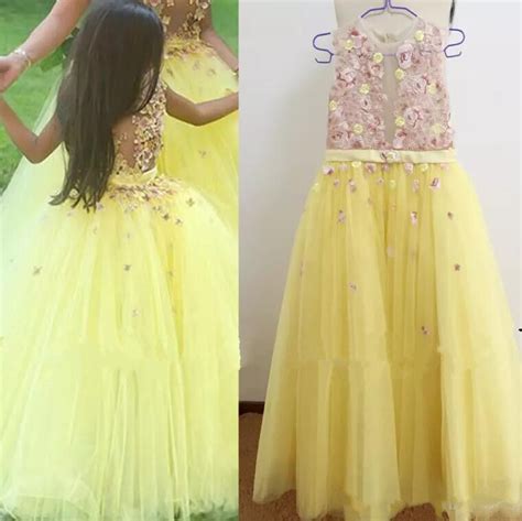 real picture yellow tulle flower girls dresses lace appliques sheer bodice floor length little