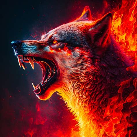 Angry Wolf In Red Fire Fantasy Photorealistic Generative Ai Stock