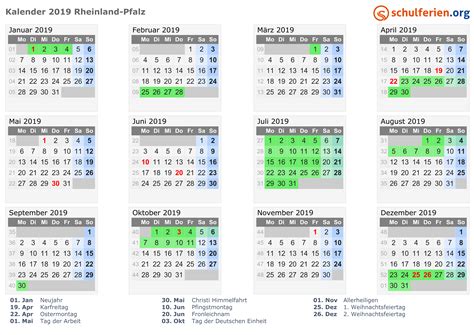 Kalender 2019 Ferien Rheinland Pfalz Feiertage