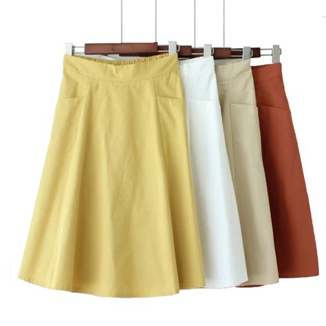 Womens White Cotton Solid Knee Length Skirt With Pockets Summer A Line Scool Elastic High Waist