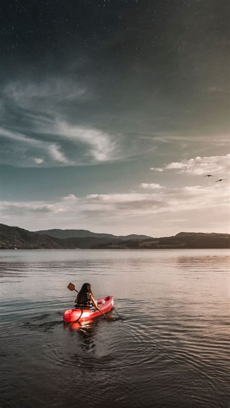 Download Wallpaper 938x1668 Boat Lake Girl Solitude Alone