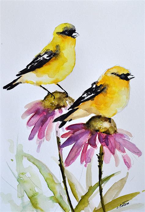 Original Watercolor Bird Painting Goldfinches On Purple Pink Daisies