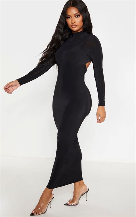 Shape Black Slinky High Neck Backless Midi Dress Prettylittlething