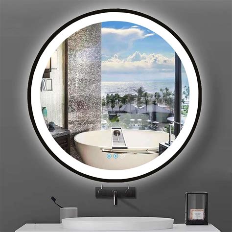 Buy Led Round Lighted Bathroom Mirror With Lights For Bathroom Wall Black Frame Vanity Light
