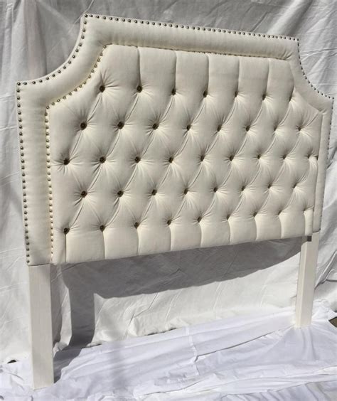 Queen White Tufted Upholstered Headboard With Nickel Nailheads Tufted