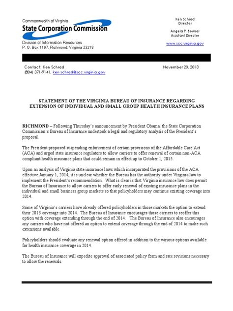 Po box 1157 richmond, va 23218 overnight delivery 1300 east main street richmond, va 23219. Statement of the Virginia Bureau of Insurance Regarding Extension of Individual and Small Group ...