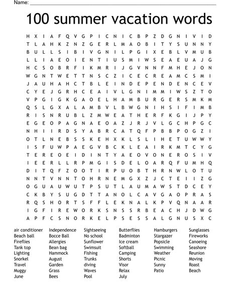 100 Summer Vacation Words Word Search Wordmint