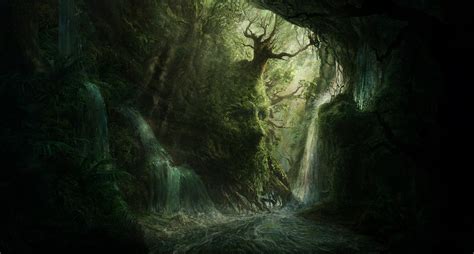 Artwork Digital Art Forest Dark Trees River Waterfall Wallpapers Hd Desktop And Mobile