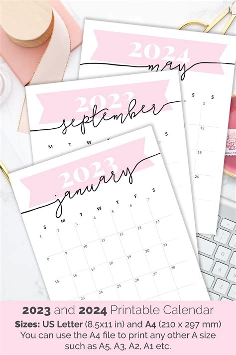 Calendar 2023 2024 Printable Desk Calendar For Wall Pink Etsy Australia