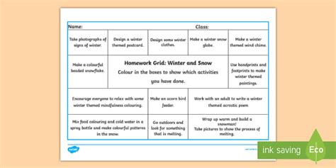 Winter And Snow First Level Cfe Homework Grid Teacher Made