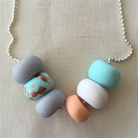 Polymer Clay Necklace Mint Copper Peach White And Grey By Rafhop