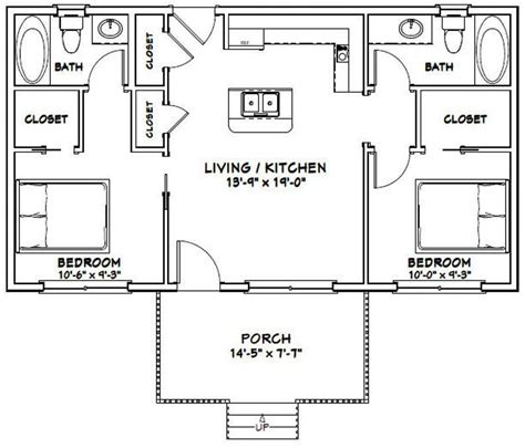 36x20 House 2 Bedroom 2 Bath 720 Sq Ft Pdf Floor Plan Etsy Cottage