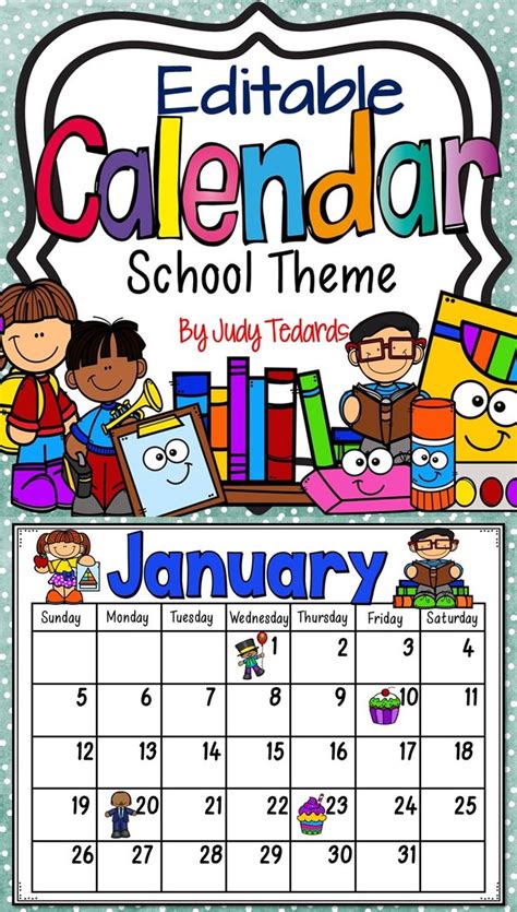 Editable Monthly Calendar School Theme School Calendar School