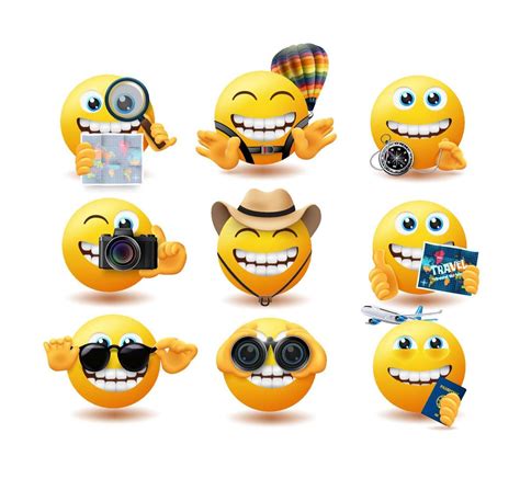 Emoji Travel Emoticons Vector Set Emojis Travelling Characters With
